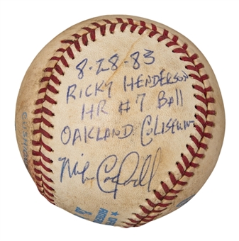 1983 Rickey Henderson A’s Game Used OAL MacPhail Baseball Hit For Career Home Run #33 Signed By Mike Caldwell (MEARS & JSA)